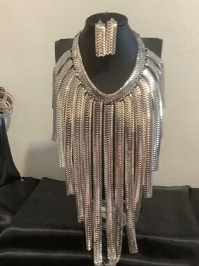 Silver Fringe Statement Necklace and Earring Set